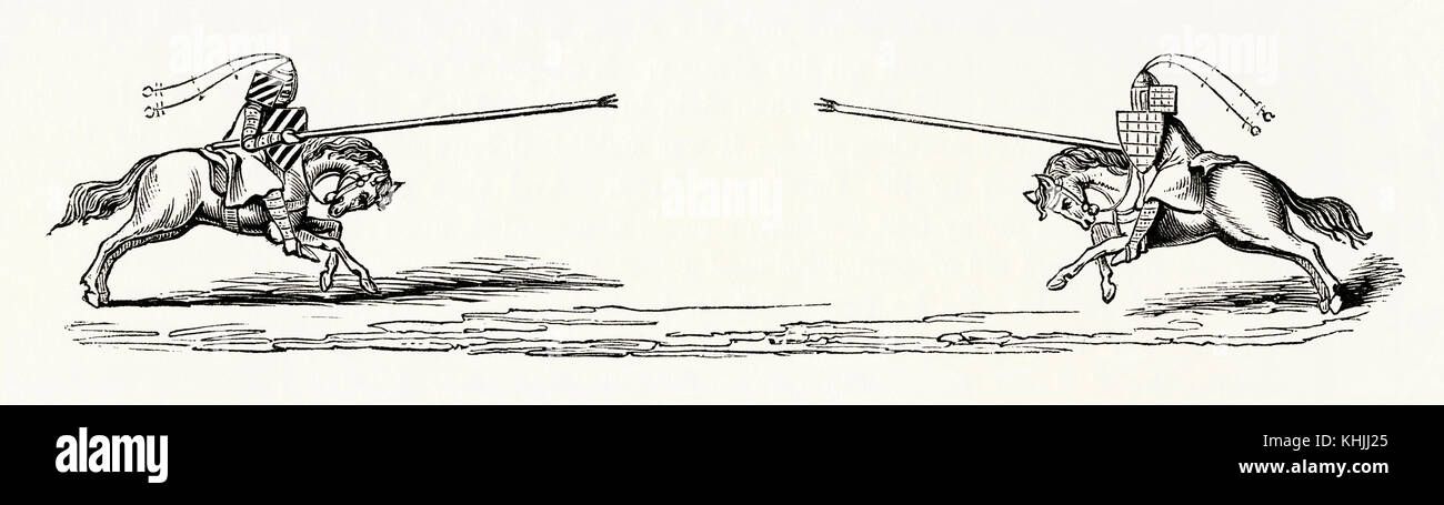 Une vieille gravure représentant deux chevaliers joutant à l'époque médiévale. Jouting est un concours entre deux cavaliers portant une armure et brandissant des lances avec des bouts émoussés. Il faisait souvent partie d'un tournoi. Le but principal était de frapper l'adversaire en le conduisant à grande vitesse, en atterrissant la lance sur le bouclier de l'adversaire ou en lui offrant une armure jouante et en le déportant. Banque D'Images