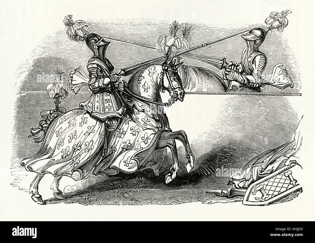 Une vieille gravure représentant deux chevaliers joutant à l'époque médiévale. Jouting est un concours entre deux cavaliers portant une armure et brandissant des lances avec des bouts émoussés. Il faisait souvent partie d'un tournoi. Le but principal était de frapper l'adversaire en le conduisant à grande vitesse, en atterrissant la lance sur le bouclier de l'adversaire ou en lui offrant une armure jouante et en le déportant. Banque D'Images