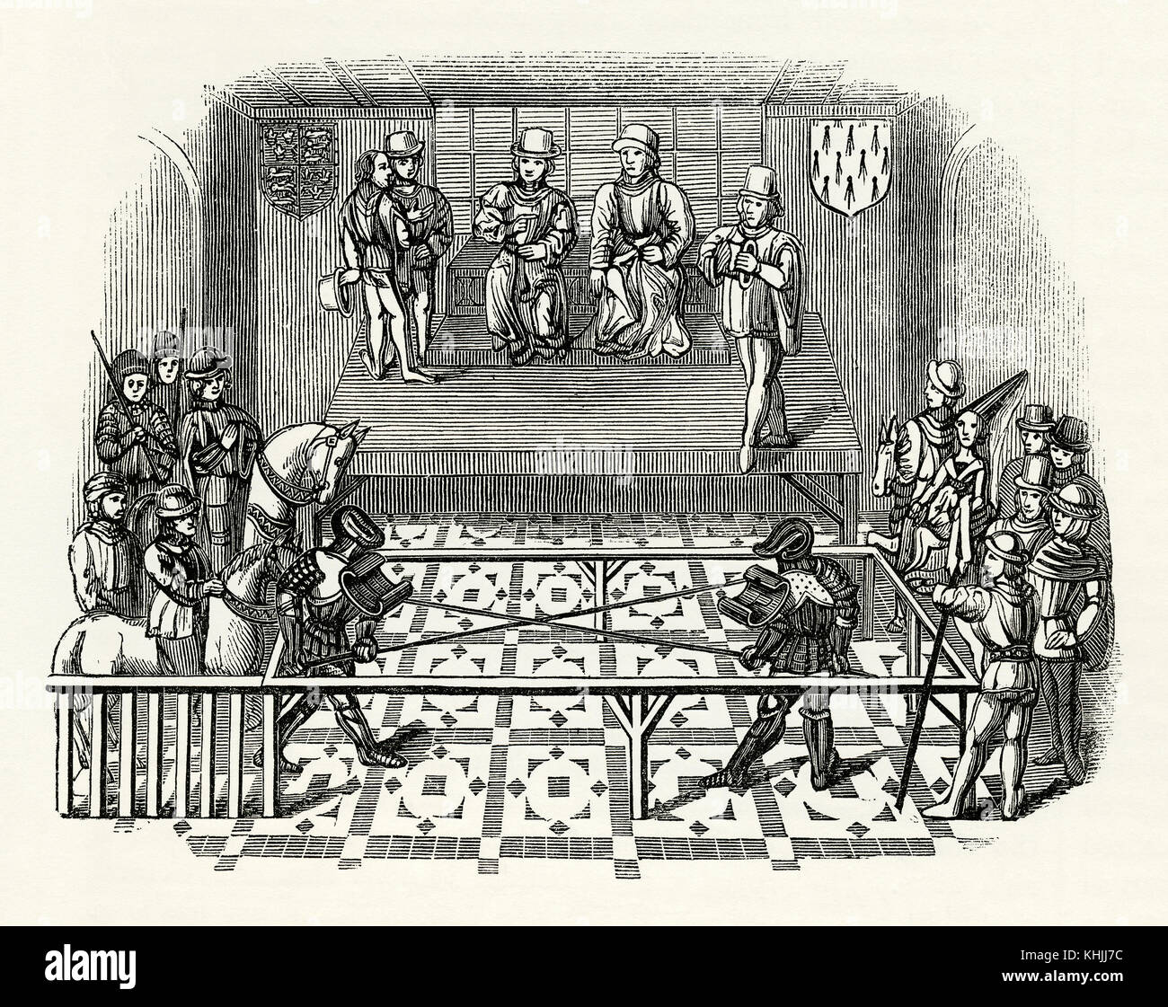 Une vieille gravure représentant deux chevaliers dans un concours d'inclinaison à l'époque médiévale. Jouting à cheval est tombé de la popularité au début du 16ème siècle. L'inclinaison a pris la forme de monter à plein galop et d'insérer une lance à travers de petits anneaux métalliques. Le terme « inclinaison » (et aussi le terme « joute ») est également utilisé pour les concours entre deux hommes avec des lances qui se sont battus à pied comme illustré ici. Banque D'Images