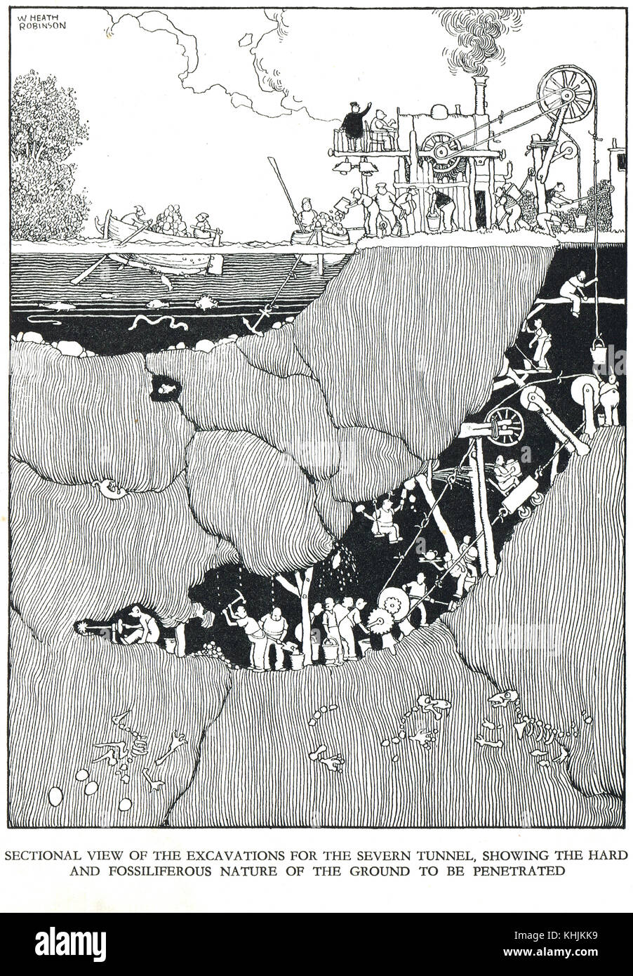 Excavation du tunnel ferroviaire Severn, caricature de William Heath Robinson Banque D'Images