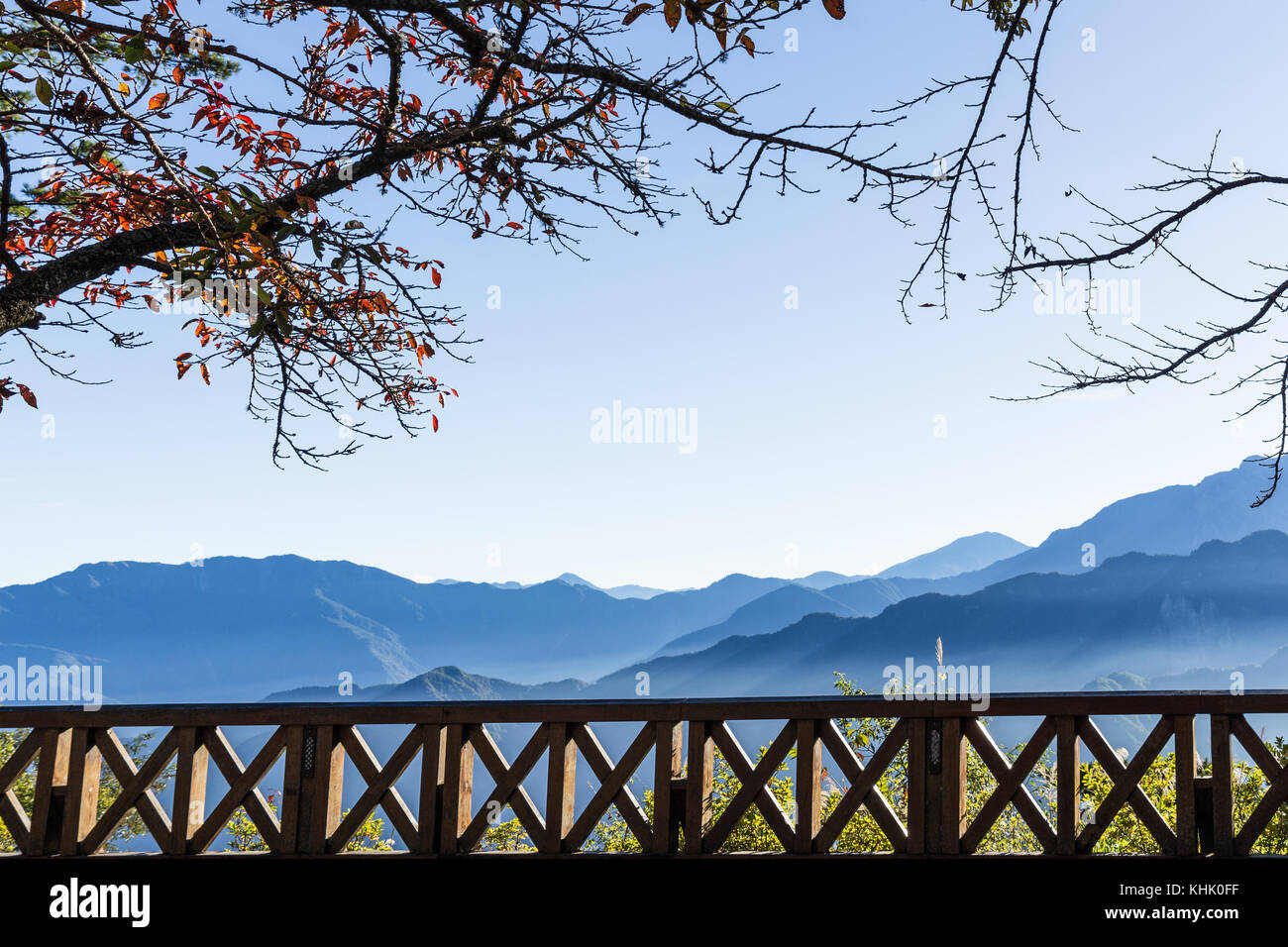 Matin vue depuis terrasse sous l'oranger à Blue Mountains 34 Tongzhan pendant la saison d'hiver de Alishan à Taiwan. Banque D'Images
