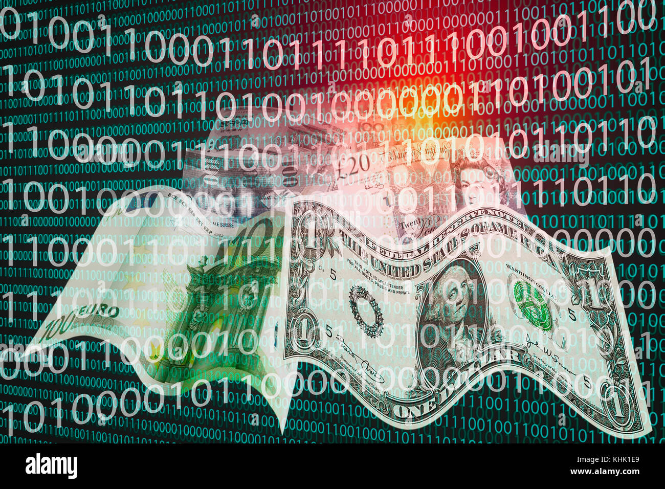 Code binaire et les billets de devises différentes symbolisant cryptocurrencies comme un nouveau moyen de paiement Banque D'Images