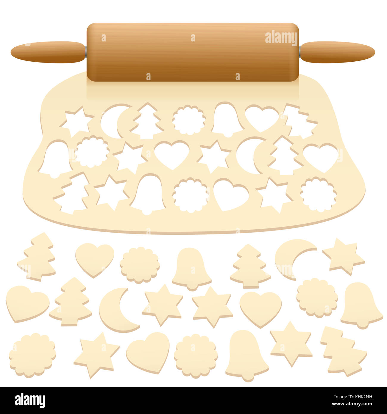 Découper des biscuits de Noël à partir de matières premières feuilletée - illustration sur fond blanc. Banque D'Images