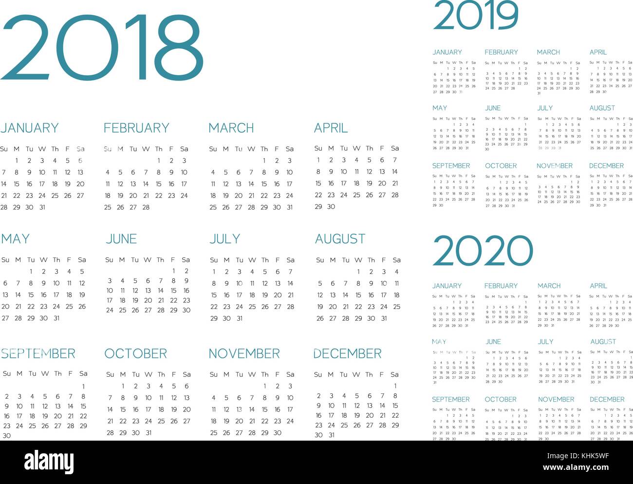 2018-2019-2020 calendrier anglais texte vector est contours font est armata Illustration de Vecteur