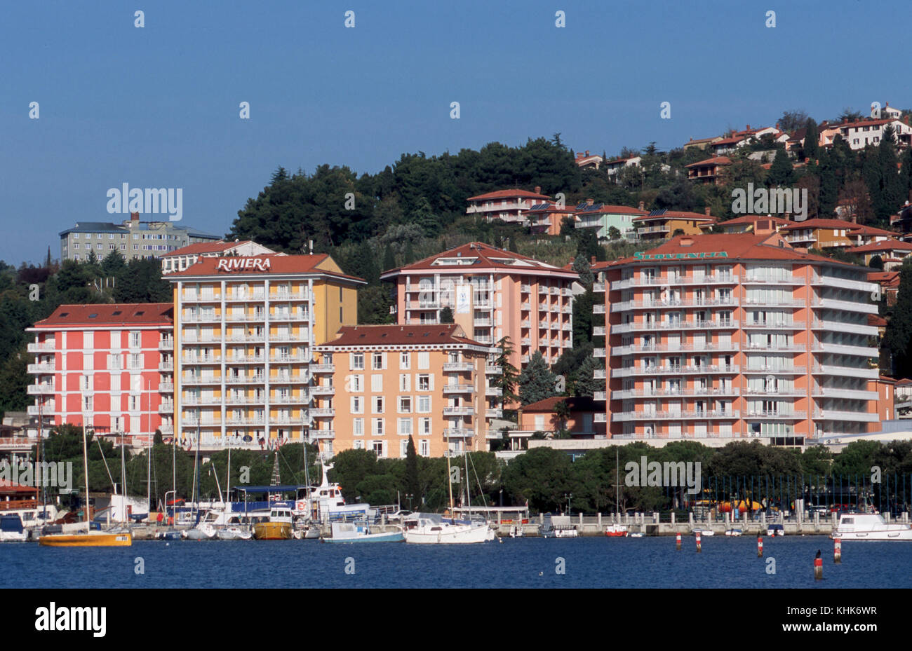 Slowenien, Portoroz, Bucht mit Hôtels Banque D'Images