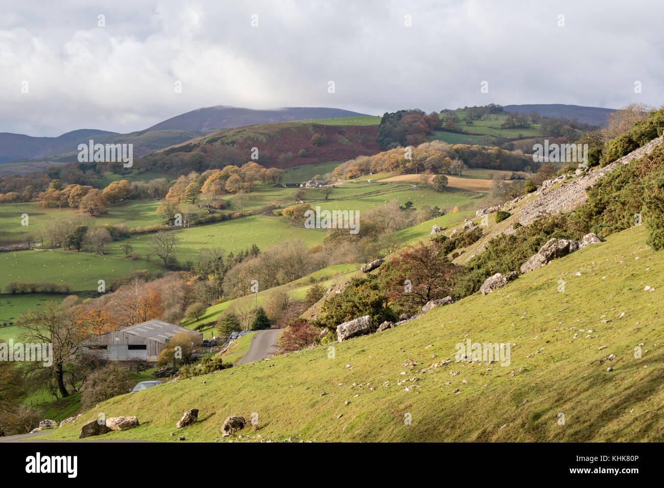 Les falaises de calcaire de Eglwyseg dans la vallée de Llangollen, Denbighshire, Nord du Pays de Galles, Royaume-Uni Banque D'Images