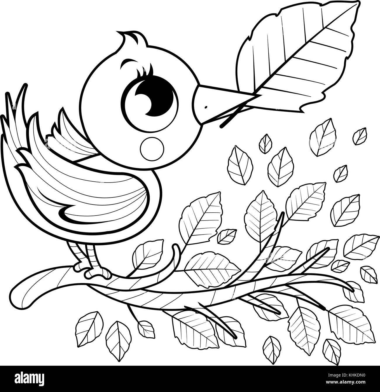 Oiseau mignon en automne et branche d'arbre avec des feuilles sèches. Arbre de saison d'automne avec des feuilles brunes tombées et oiseau. Page de coloriage noir et blanc vectoriel. Illustration de Vecteur