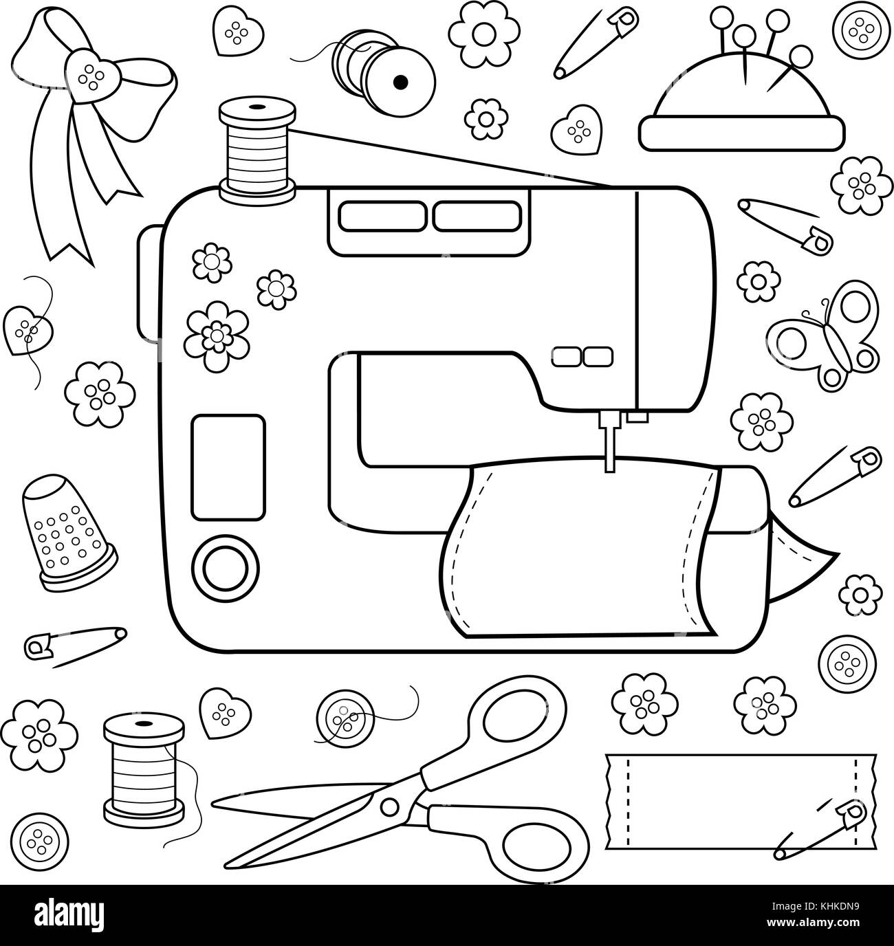 Projet de couture d'outils et d'équipement. page de coloriage Illustration de Vecteur