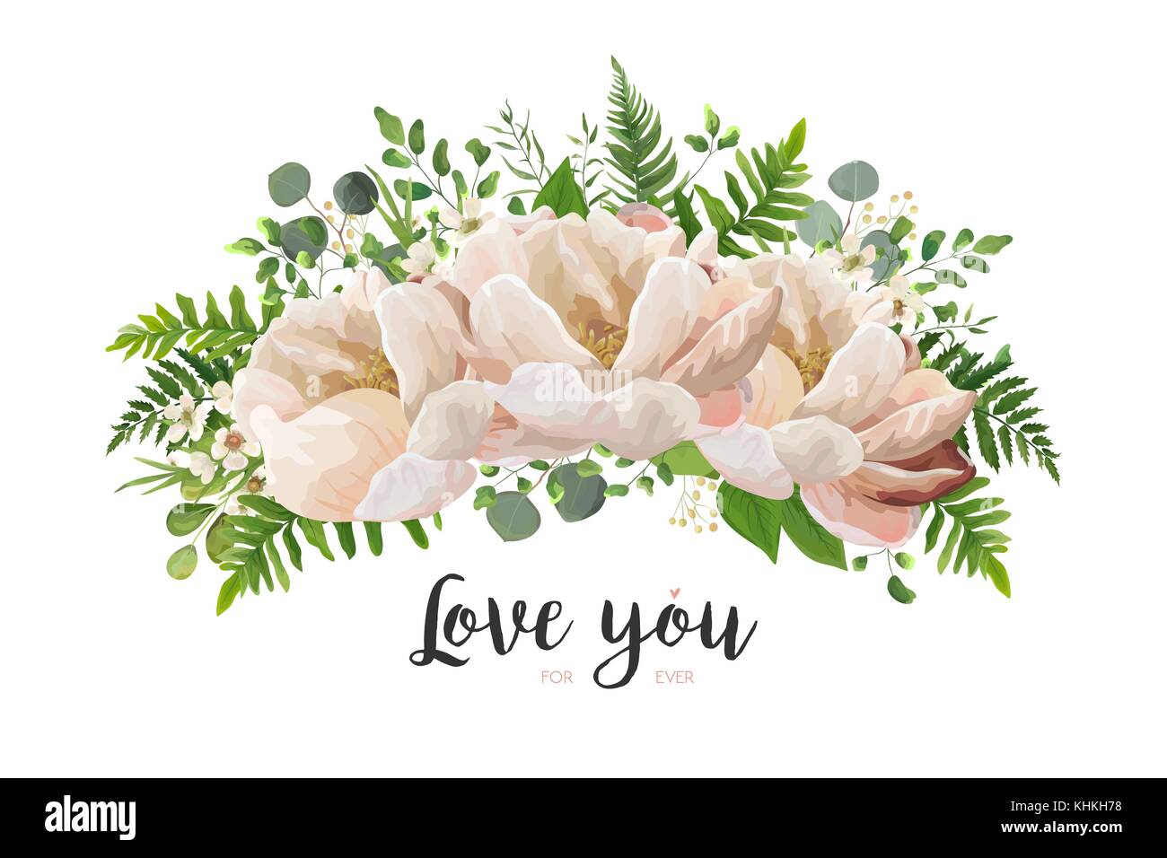 Bouquet De Fleurs Element Vecteur Conception Peche Rose Pivoine Rose Fleurs De Cire Verte Eucalyptus Feuille De Fougere Berry Herbes Jolie Carte Floral Elegant Model Image Vectorielle Stock Alamy