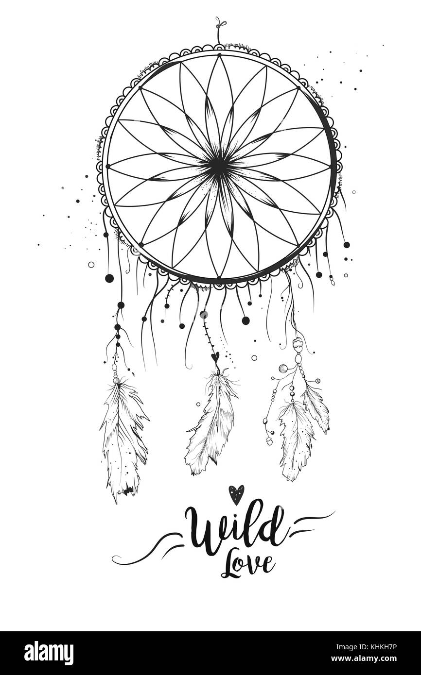 Dreamcatcher avec plume d'oiseau dentelle perles & dots. hand drawn design magnifique fond blanc. isolé, tribal boho Indian Dream Catcher. noir gris Illustration de Vecteur