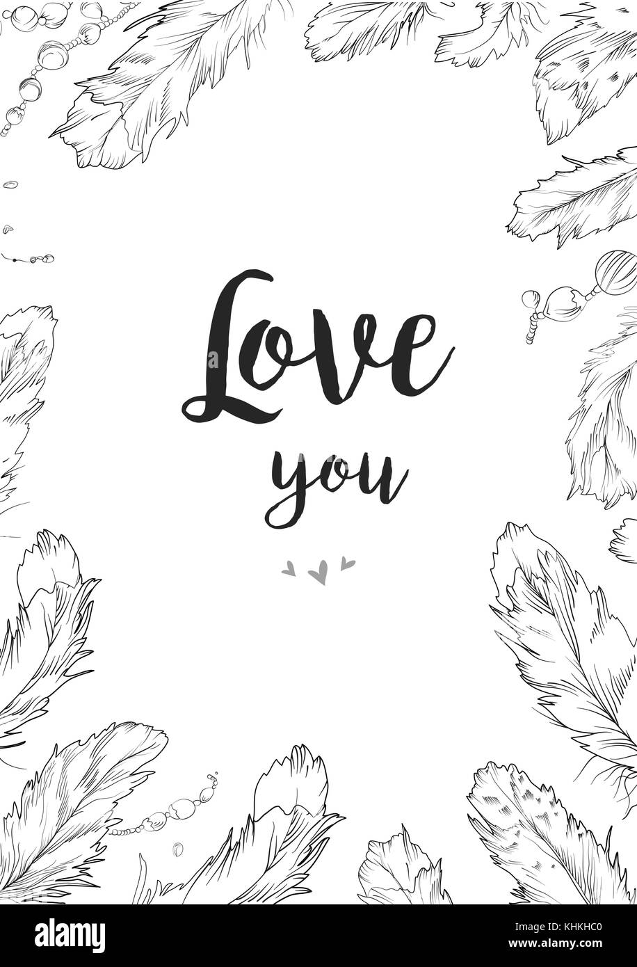 La conception de cartes vectorielles avec plume d'oiseau et à la main de perles cadre frontière graphique noir monochrome. stylo encre gris dessins linéaires en style Boho pour inviter, g Illustration de Vecteur