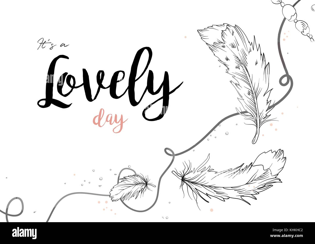 La conception de cartes vectorielles : bird feather & ruban gris perle cadre dessiné à la main, frontière. stylo noir dessin linéaire dans le style Boho pour part de mariage, poster Illustration de Vecteur