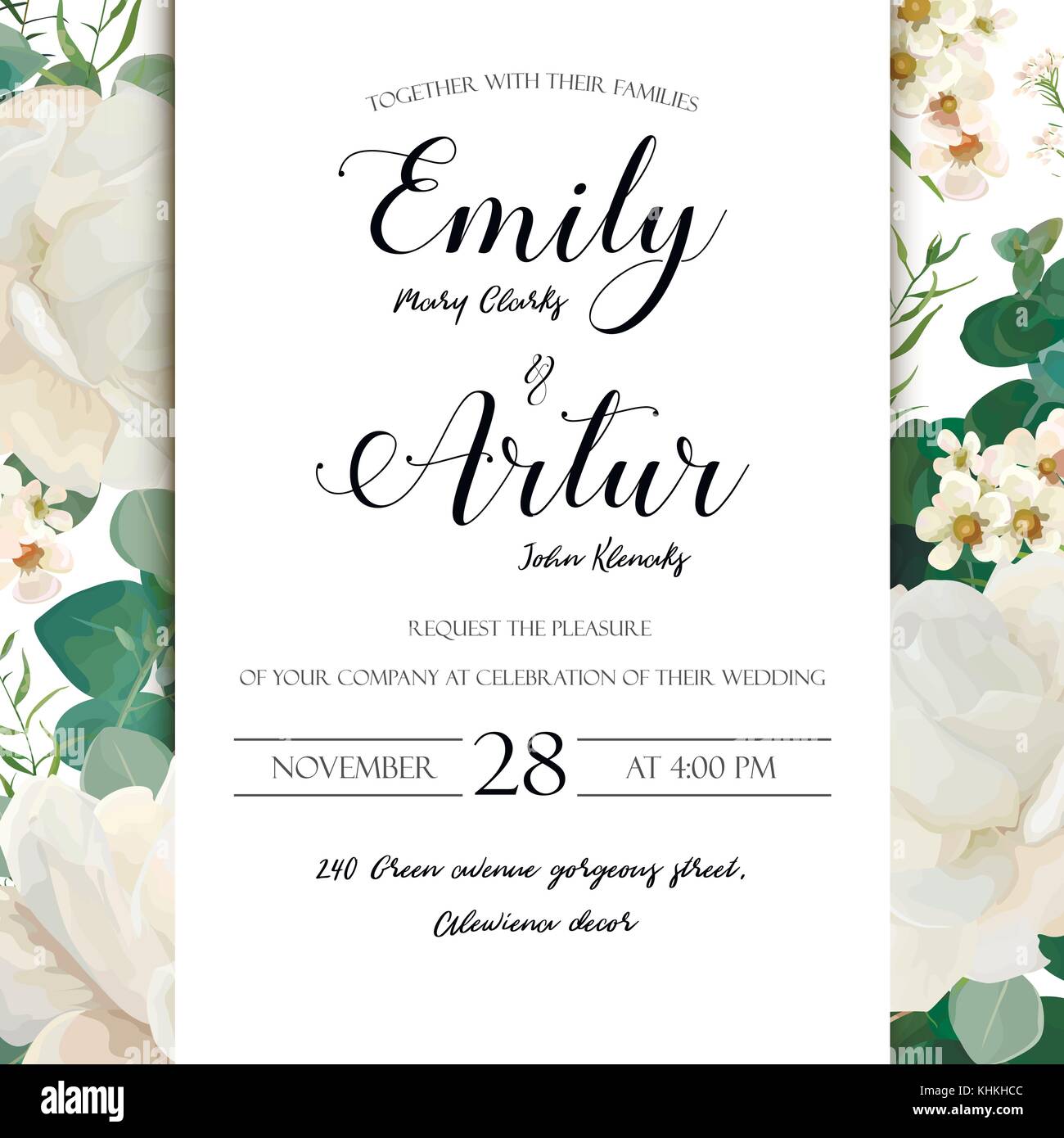 Invitation de mariage floral enregistrer la carte date d'inviter vecteur conception élégante carte : Fleur de jardin pivoine rose blanc vert cire blanche offres eucalyptus mignon Illustration de Vecteur