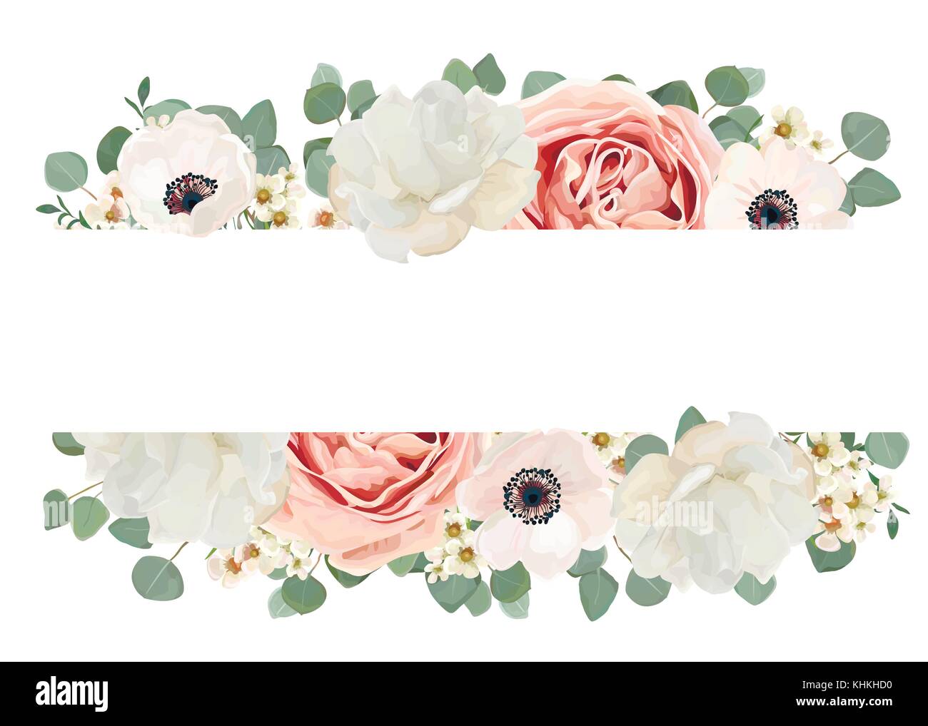 Floral design carte vectorielle avec bouquet de pêche, rose, pivoine rose blanc de fleurs en cire vert feuille d'eucalyptus en succursale et, verdure mix. elega Illustration de Vecteur