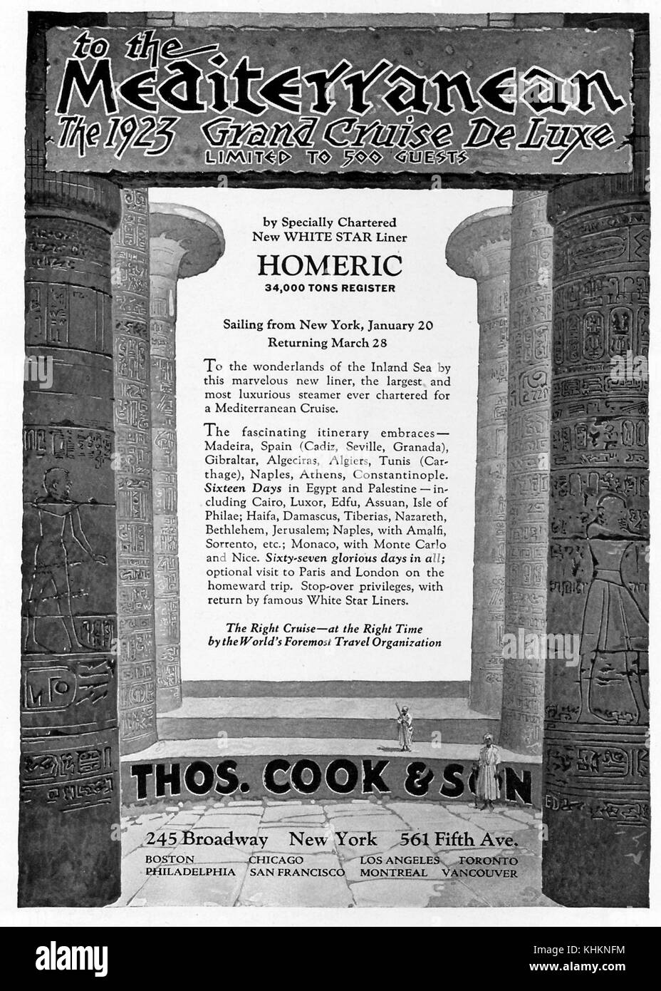 Une publicité pour un jour 67 croisière méditerranéenne appelé le grand 1923 de luxe de croisière, il s'arrête annoncés est de 13 pays différents, avec plusieurs sites en Espagne, en Egypte et en Palestine, de croisière a été menée par Thomas Cook et fils de New York, New York, juillet 1922. Banque D'Images