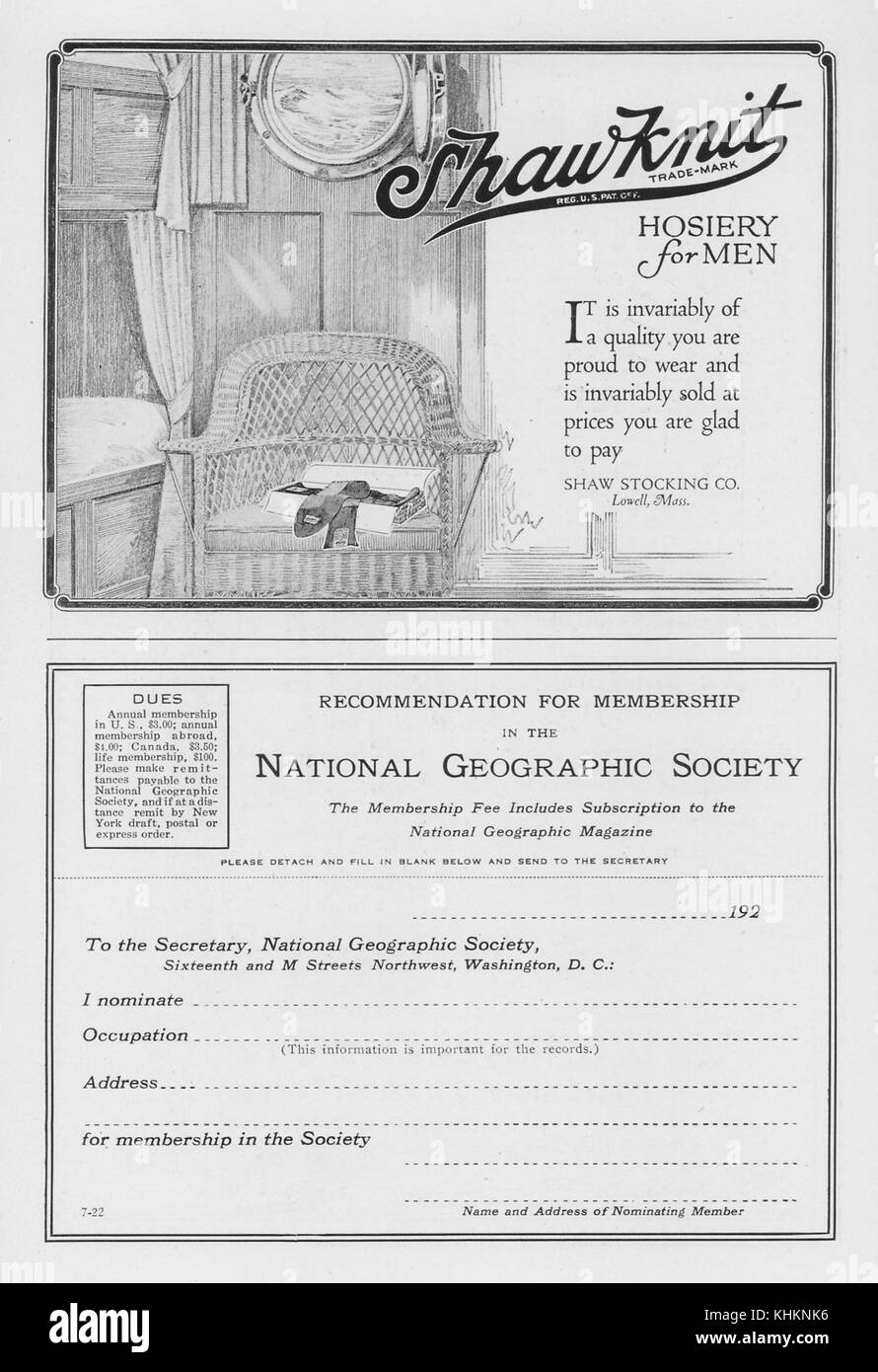 Deux demi-page de publicité, la publicité haut bas tricotés Shaw propose pour les hommes, le fond est une forme d'abonnement pour la National Geographic Society, Washington, DC, juillet, 1922. Banque D'Images