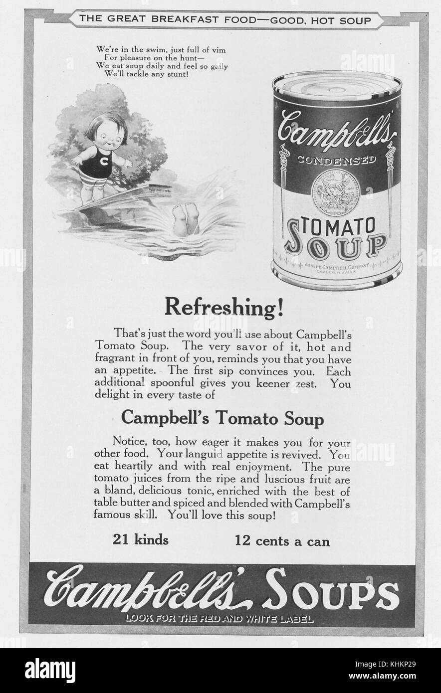 Publicité pleine page pour Campbell's condensed soupe de tomate, avec un dessin d'un enfant de plonger dans l'eau et une petite fille à regarder, avec le slogan "la grande nourriture du petit déjeuner - bon, soupe chaude', publié dans le National Geographic Magazine, juillet, 1922. Banque D'Images