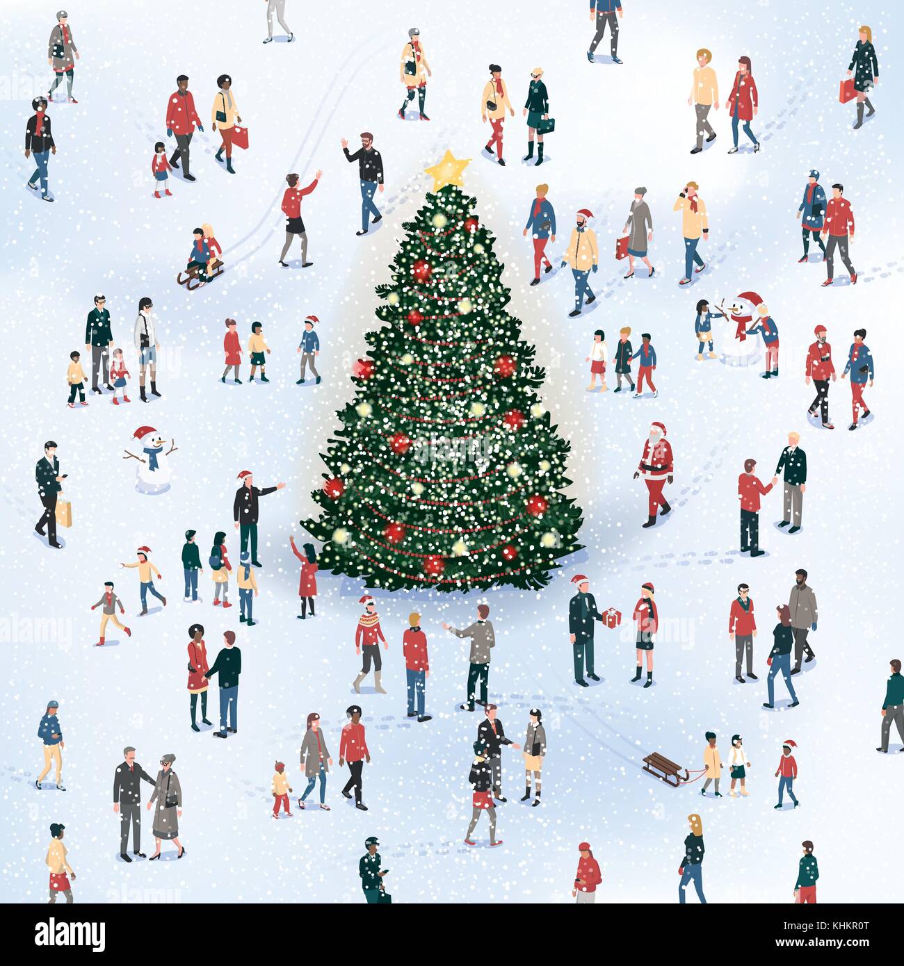 Foule de personnes qui se groupent autour de l'arbre de Noël sous la neige et de célébrer ensemble, carte de Noël Illustration de Vecteur