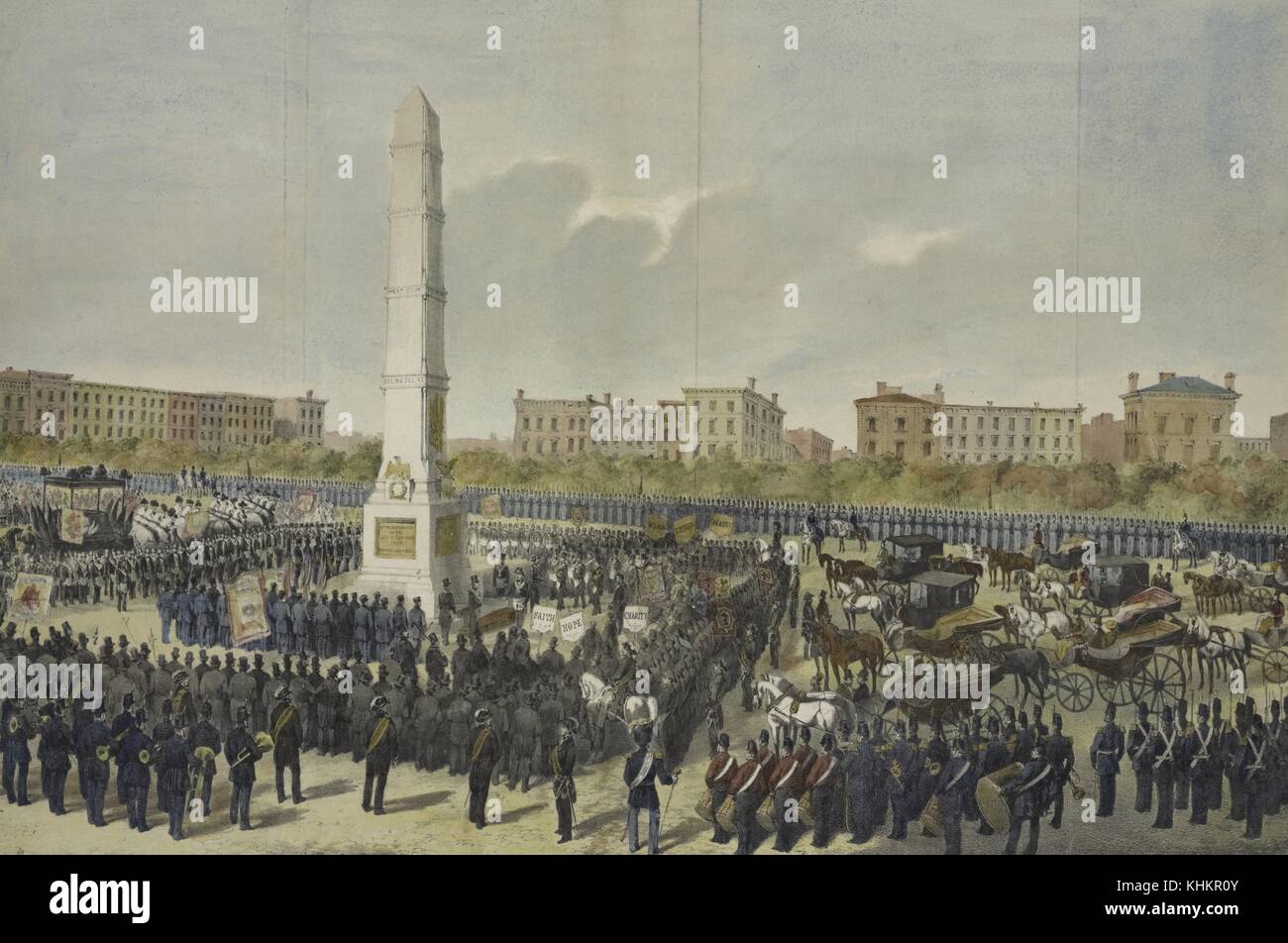 Une lithographie en couleur représentant la cérémonie de dédicace du Monument de Worth en 1857, des centaines de soldats et de spectateurs sont présents à la cérémonie, une bande militaire peut être vue au premier plan, le monument a été construit pour honorer William J. Worth, qui était un officier militaire des États-Unis pendant trois guerres, New York, New York, 1857. De la Bibliothèque publique de New York. Banque D'Images