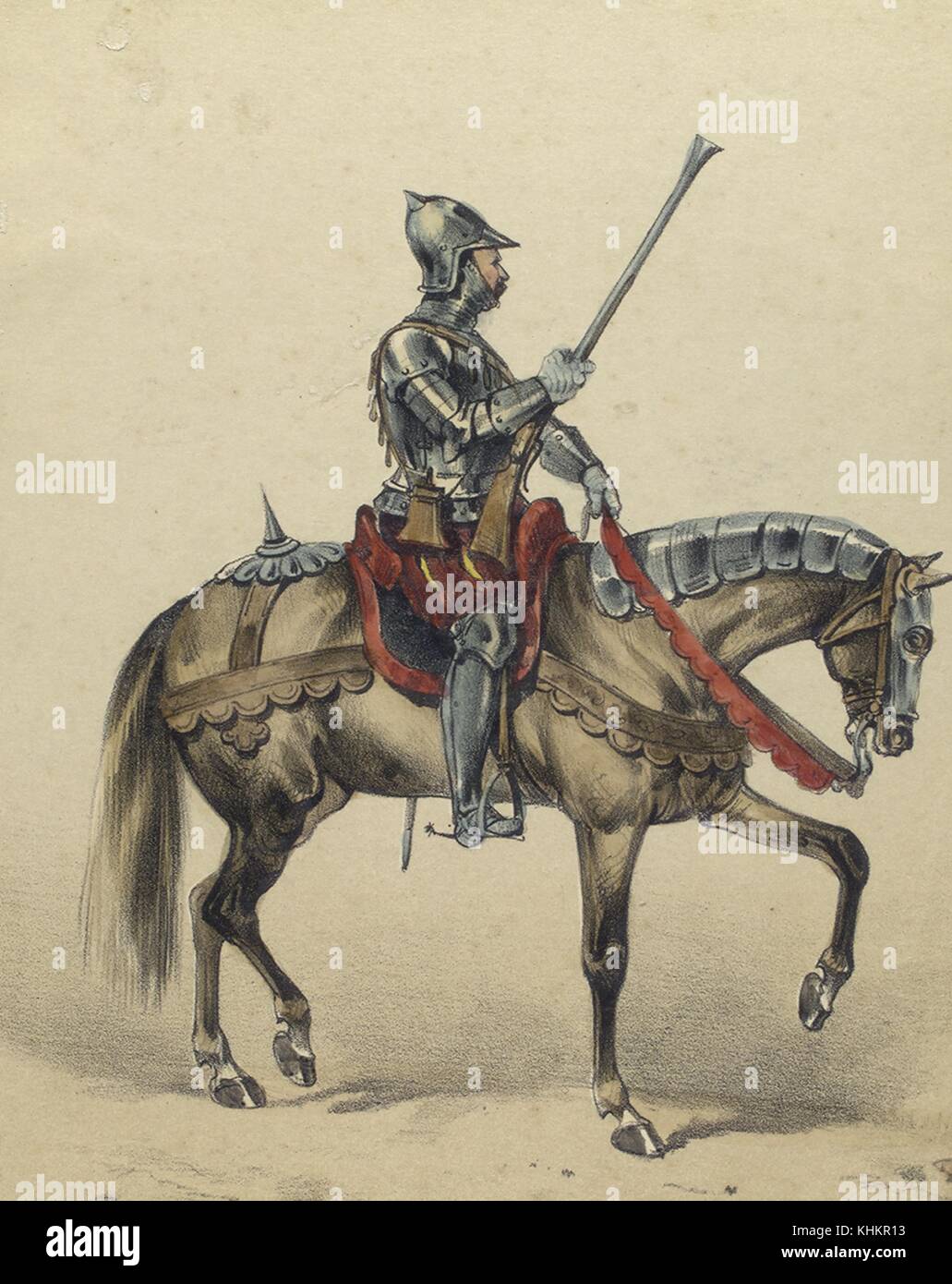 Une couleur qui représente un soldat espagnol comme il aurait paru en 1508, il est vêtu d'un ensemble d'armures qui ne sort de ses cuisses étaient exposés, il porte une carabine longue comme son arme, son pantalon est rouge et jaune et l'équipement d'équitation pour le cheval est noir et rouge, le cheval a une armure de plaque sur son cou et la tête, 1861. à partir de la bibliothèque publique de new york. Banque D'Images