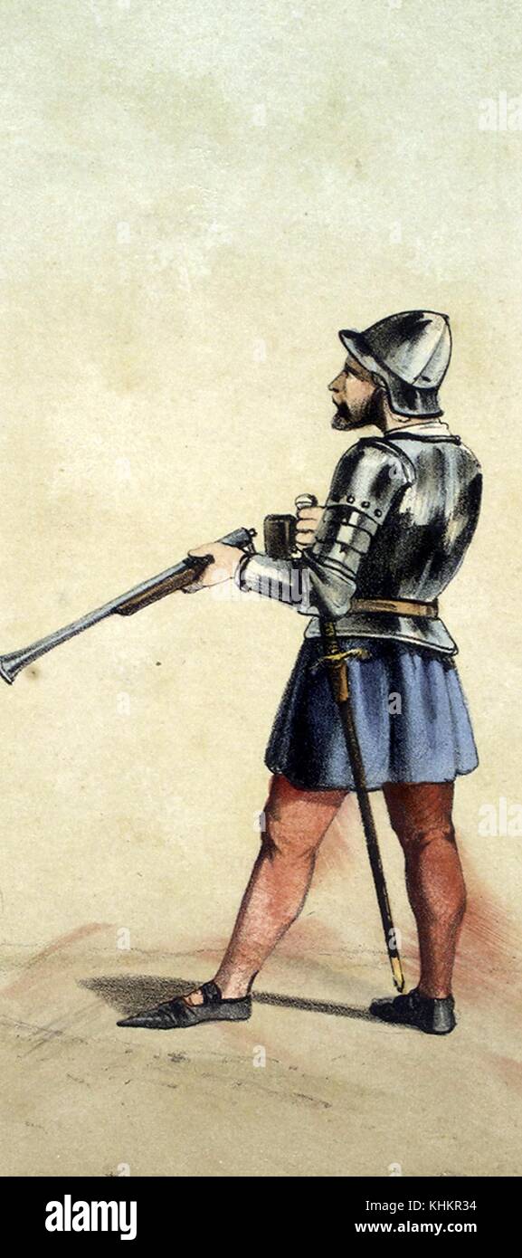 Une lithographie en couleur représentant un soldat espagnol tel qu'il serait apparu en 1504, il est un fusilier et on le montre rechargeant son arme à chargement par la culasse, il porte également une épée, il porte une armure sur le haut de son corps et ses bras ainsi qu'un casque, des jupes bleues et des bas rouges composent son uniforme, 1861. De la Bibliothèque publique de New York. Banque D'Images