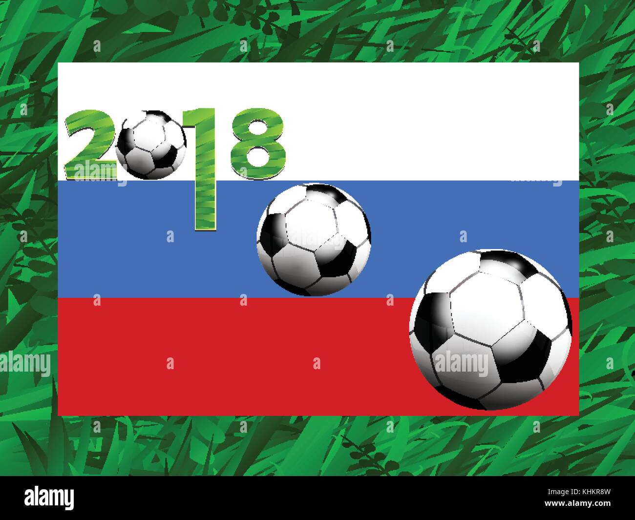 Football Coupe du monde de football 2018 avec boules drapeau russe et décoré ce jour par rapport au fond d'herbe verte Illustration de Vecteur