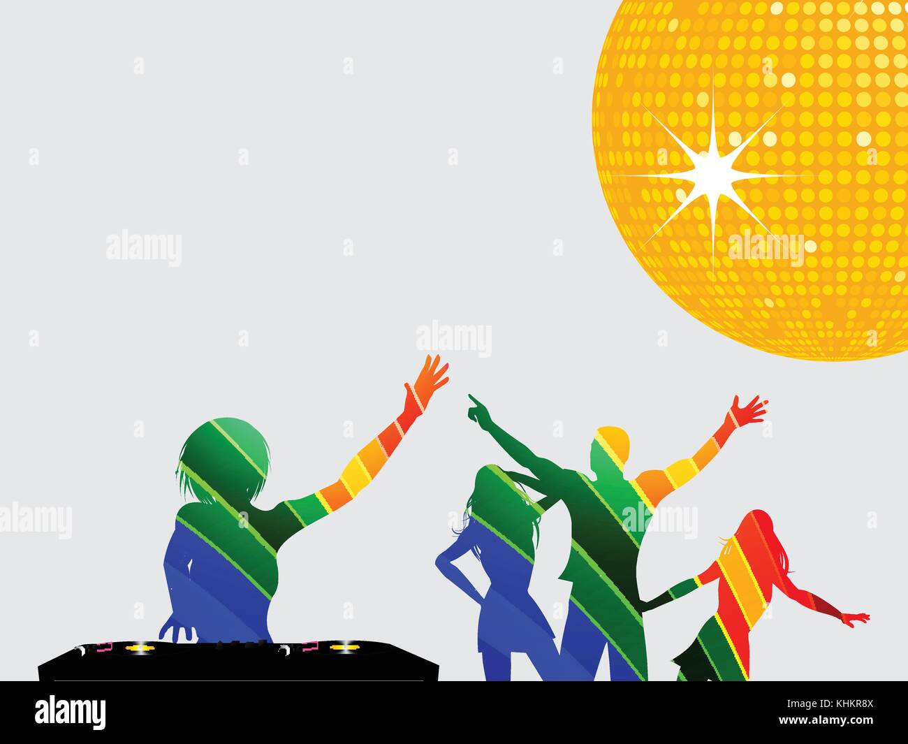 Silhouettes de femmes multicolores avec dj deck records et la danse les personnes de plus de fond gris avec boule disco jaune Illustration de Vecteur