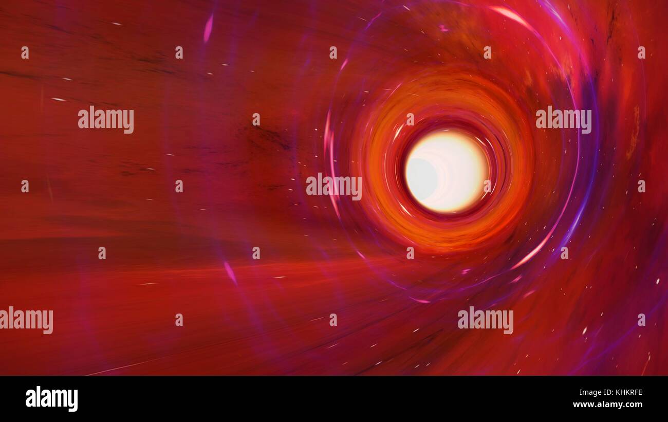 Illustration conceptuelle d'un wormhole.un trou de ver (ou pont Einstein-Rosen) est un "tunnel" théorique à travers l'espace-temps, admis par la théorie de la relativité générale.En principe,un wormhole relie deux régions de l'univers,ou deux régions différentes dans l'espace, ainsi que le temps.Un objet entrant dans le trou à une extrémité pourraient apparaître dans une région très différente du cosmos,une distance arbitraire à partir du point de départ et/ou à un tout autre moment.Ainsi,ver semblent permettre plus rapidement que la lumière. Banque D'Images