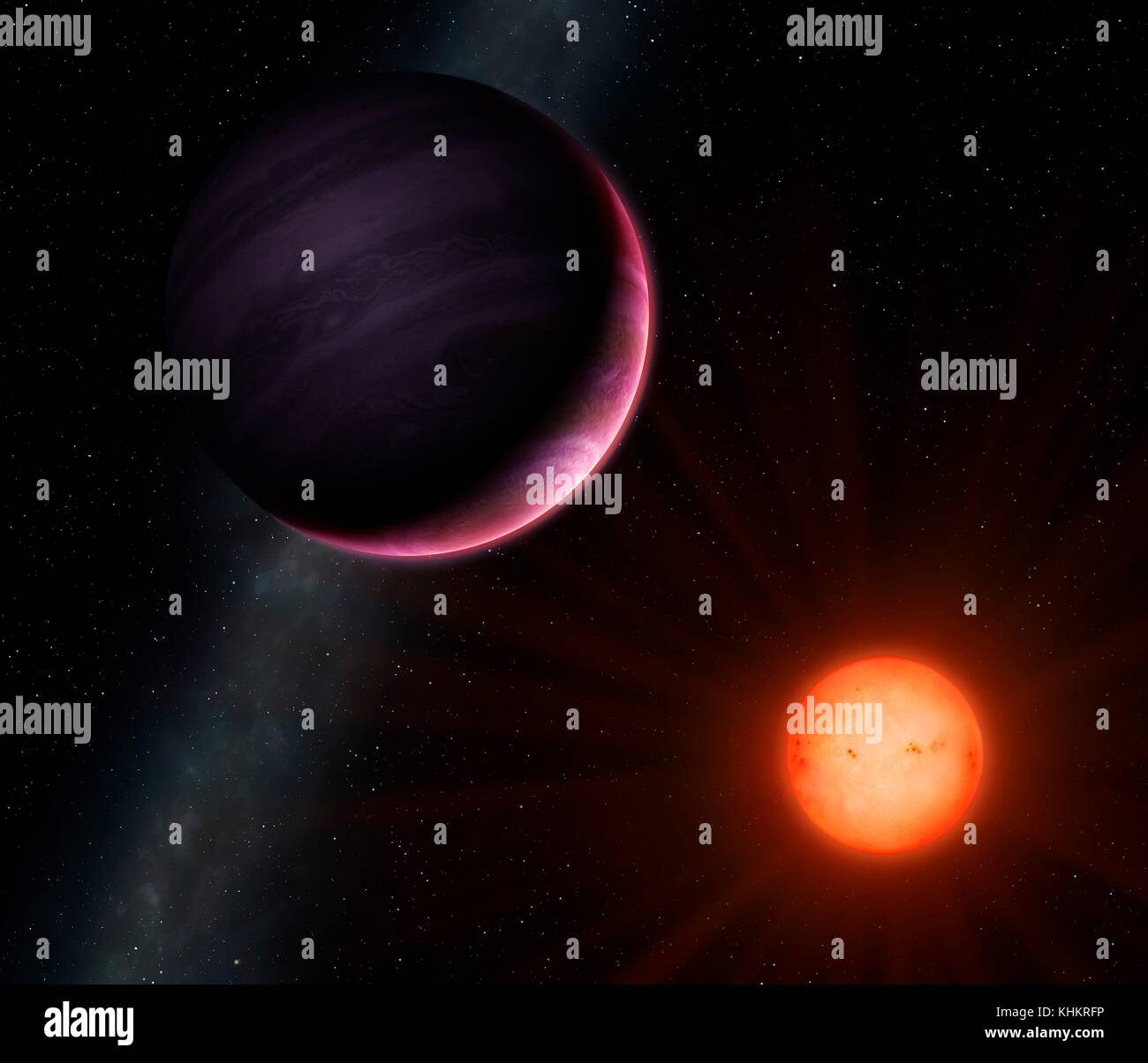 NGTS naine rouge-1 et son gaz planète géante, l'illustration. NGTS (Enquête sur les transports en commun de nouvelle génération) est située dans le désert d'Atacama au Chili, avec l'objectif de localiser les planètes extrasolaires avec masses et dimensions entre ceux de la Terre et de Neptune. L'une des découvertes est NGTS-1, une étoile naine rouge environ la moitié du diamètre du Soleil. Il a été trouvé pour héberger une planète près d'un quart de sa taille, ce qui en fait la plus grande planète connue par rapport à son étoile. Cette image montre la planète, une géante gazeuse, et son nain rouge étoile parente. Banque D'Images