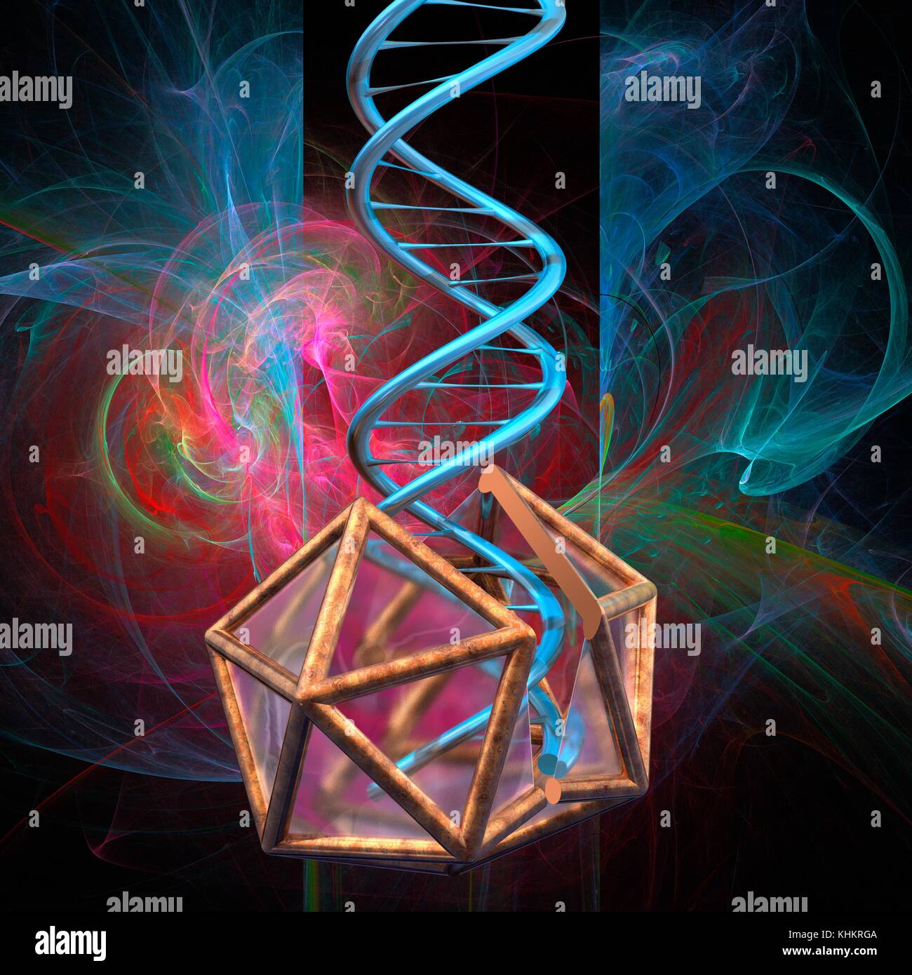 Illustration conceptuelle d'un double brin d'ADN (acide désoxyribonucléique) à la sortie d'une molécule de la capside virale (pas représenté à l'échelle), illustrant le concept de thérapie génique avec les virus. Une protéine de capside virale est un shell. La première a approuvé la thérapie génique a eu lieu en 1990. Depuis lors, un large éventail de méthodes et de maladies ont été étudiés et plusieurs tentatives de traitements novateurs. Les virus sont la méthode de livraison habituel pour la thérapie génique. Banque D'Images