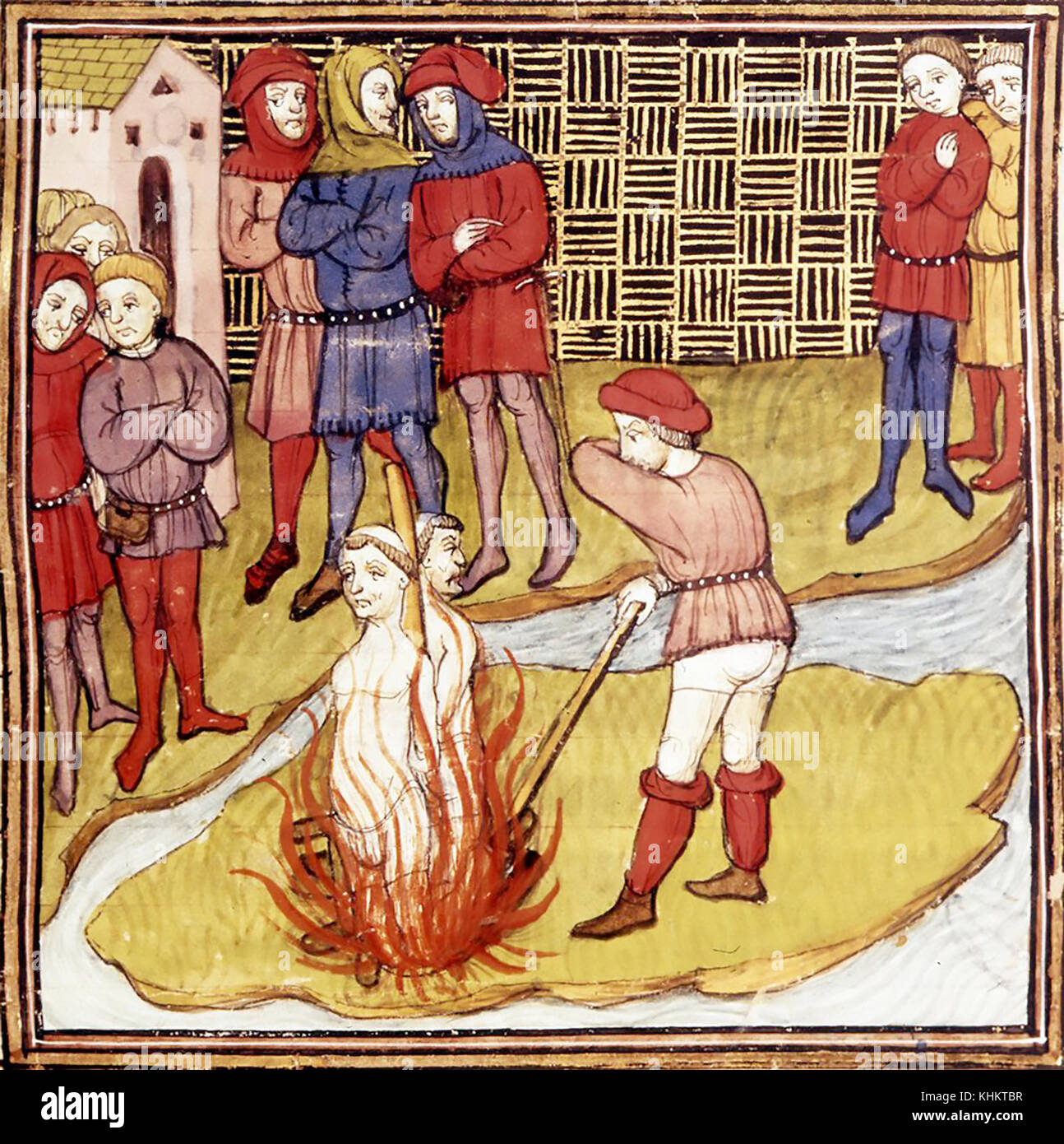 Les TEMPLIERS Jacques de Molay et Geoffroy de Charney sont incendiés à l'enjeu de l'Ile de Cite à Paris en mars 1314. Des grandes chroniques de France. Banque D'Images