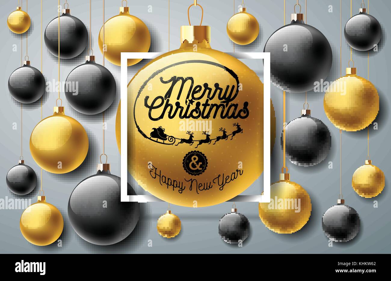 Joyeux noël vecteur illustration avec l'or bille de verre et typographie éléments sur fond clair. maison de conception pour premium carte de vœux, invitation à une fête ou bannière promo. Illustration de Vecteur