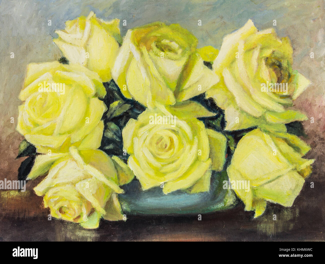 Huile originale sur toile - rose jaune still life close up dans un vase sur la table marron - arrangement de fleurs roses contre fond bleu Banque D'Images