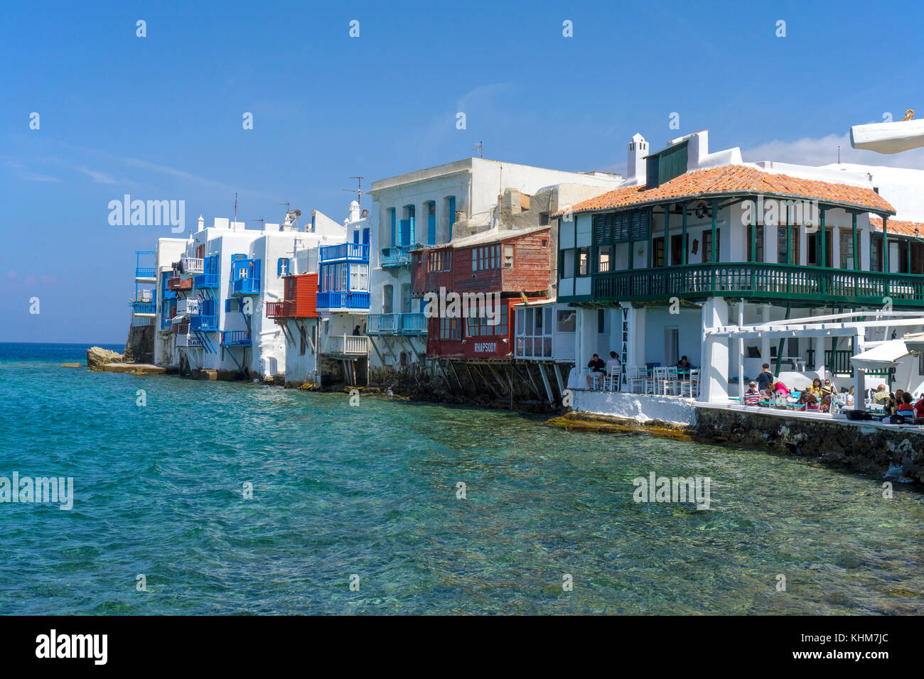 La petite Venise, destination touristique populaire du mykonos-ville, l'île de Mykonos, Cyclades, Mer Égée, Grèce Banque D'Images