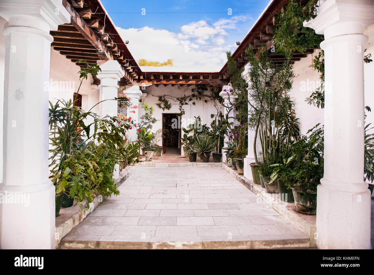 Maison traditionnelle avec jardin intérieur à Oaxaca, au Mexique. Banque D'Images