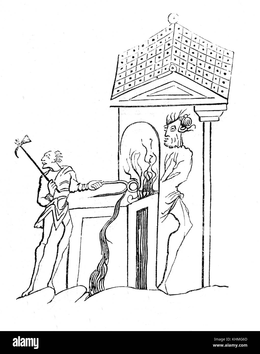 Un Anglo-Saxon Smithy dans 9e siècle en Angleterre.Les compétences et les processus de travail de fer étaient un mystère pour la plupart des gens dans l'antiquité et étaient considérés par les gens superstitieux pour être qualifiés et magique dans la smiths mythes et légendes de l'anglo-saxonne. Le fer à repasser Fer à cheval - l'un des produits typiques de la Smith - est toujours considéré comme un symbole magique' aujourd'hui et s'est accroché aux murs et portes pour porter chance . Banque D'Images