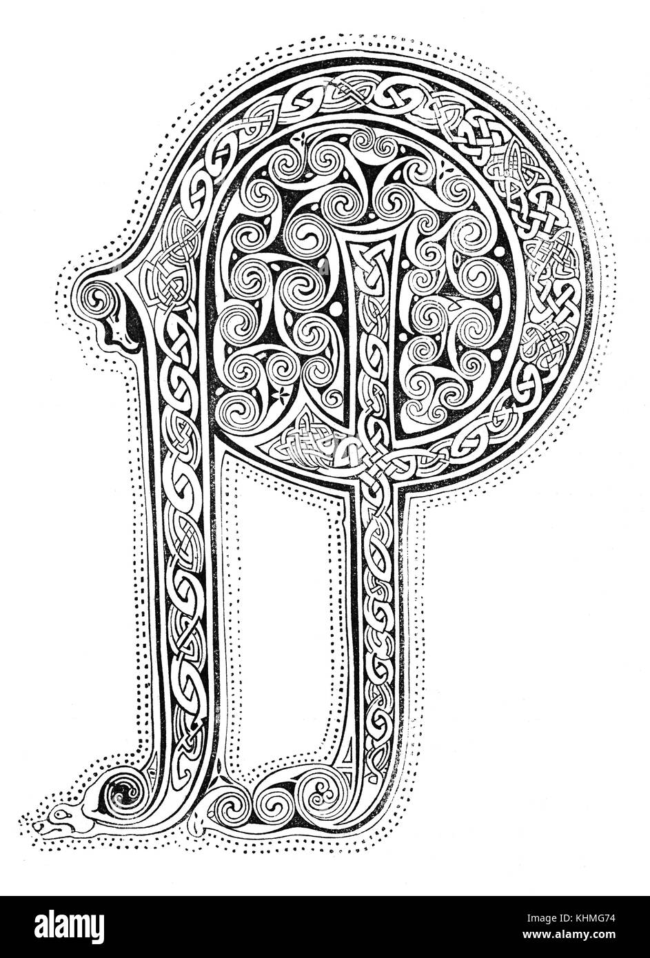 Une lettre 'P' du type de la calligraphie qui a été dessiné et peint par les moines anglo-saxons en 8e siècle anglais allumé manuscrits monastique. Banque D'Images