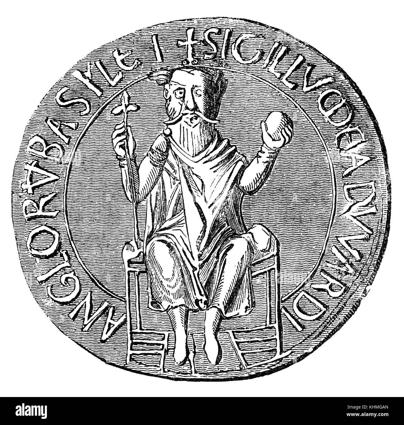 Le Grand Sceau de Édouard le Confesseur utilisé pour symboliser l'approbation du Souverain de l'état important de documents. Il est également connu sous le nom de saint Édouard le Confesseur (1003 - 5 janvier 1066). Généralement considéré comme le dernier roi de la maison de Wessex, il a été parmi les derniers rois anglo-saxons de l'Angleterre et régna de 1042 à 1066. Banque D'Images