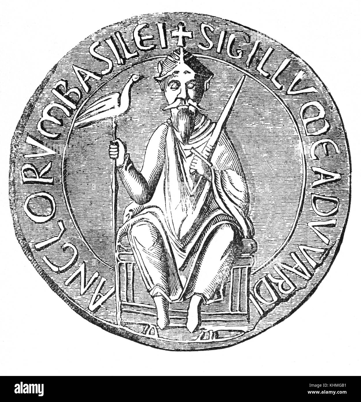 Le Grand Sceau de Édouard le Confesseur utilisé pour symboliser l'approbation du Souverain de l'état important de documents. Il est également connu sous le nom de saint Édouard le Confesseur (1003 - 5 janvier 1066). Généralement considéré comme le dernier roi de la maison de Wessex, il a été parmi les derniers rois anglo-saxons de l'Angleterre et régna de 1042 à 1066. Banque D'Images