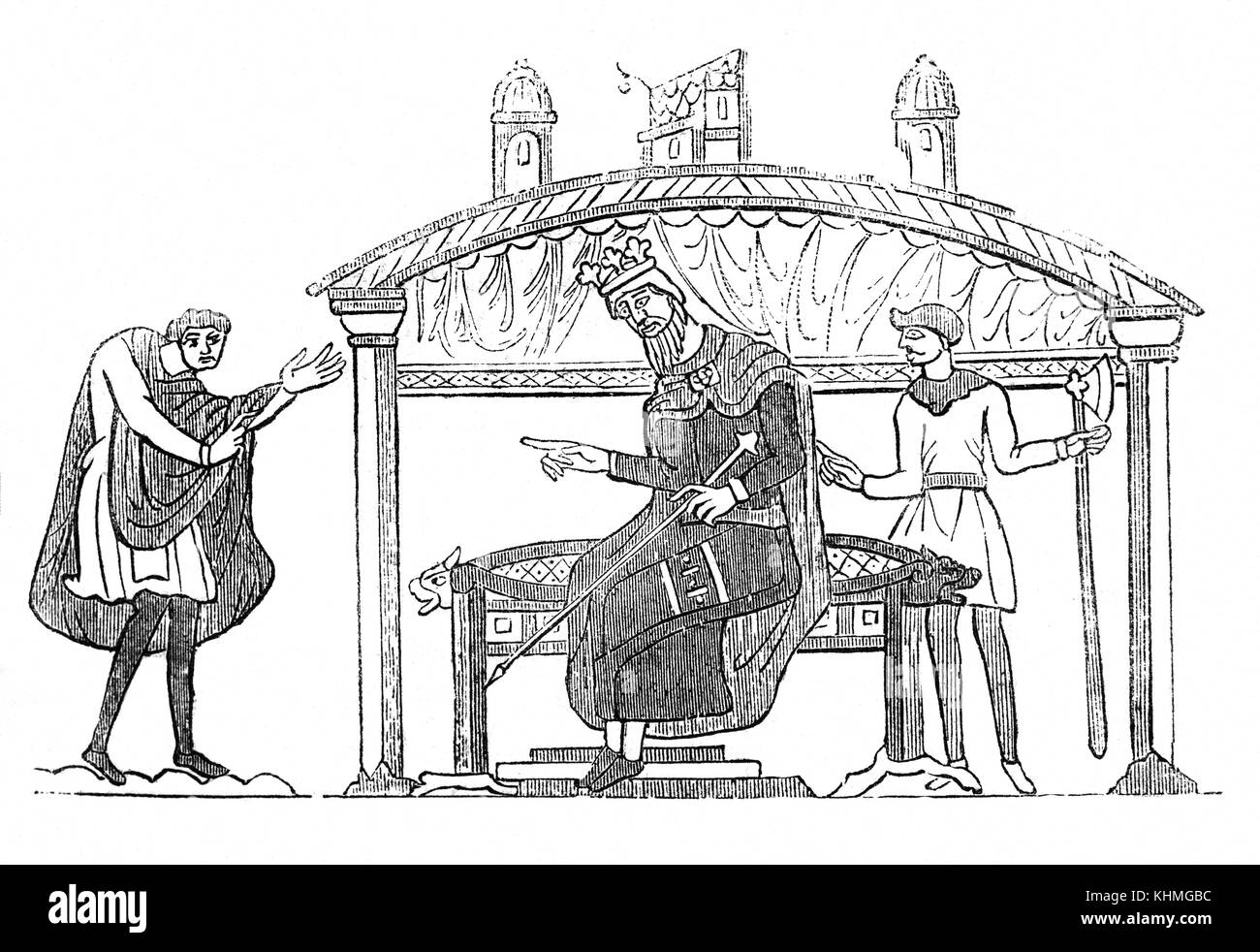 King Edward, le Confesseur, En conversation avec Harold Baar "Chez Boultan & Fils", plus tard le roi Harold, sur lhis retour de Normandie en 1064. À partir de la Tapisserie de Bayeux. L'Angleterre Banque D'Images