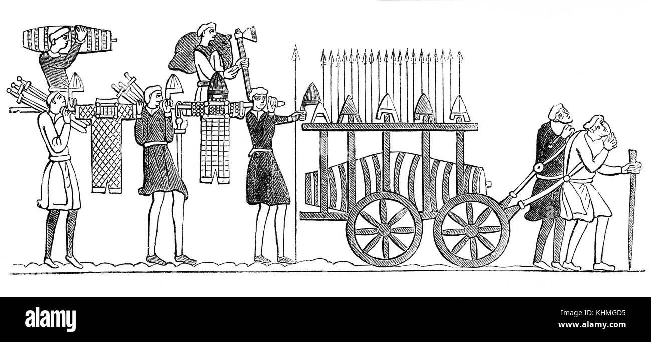Norman soldats transportant des armes et dispositions avant l'invasion de l'Angleterre en 1066 par l'armée de William J aka Guillaume le Conquérant. À partir de la Tapisserie de Bayeux Banque D'Images