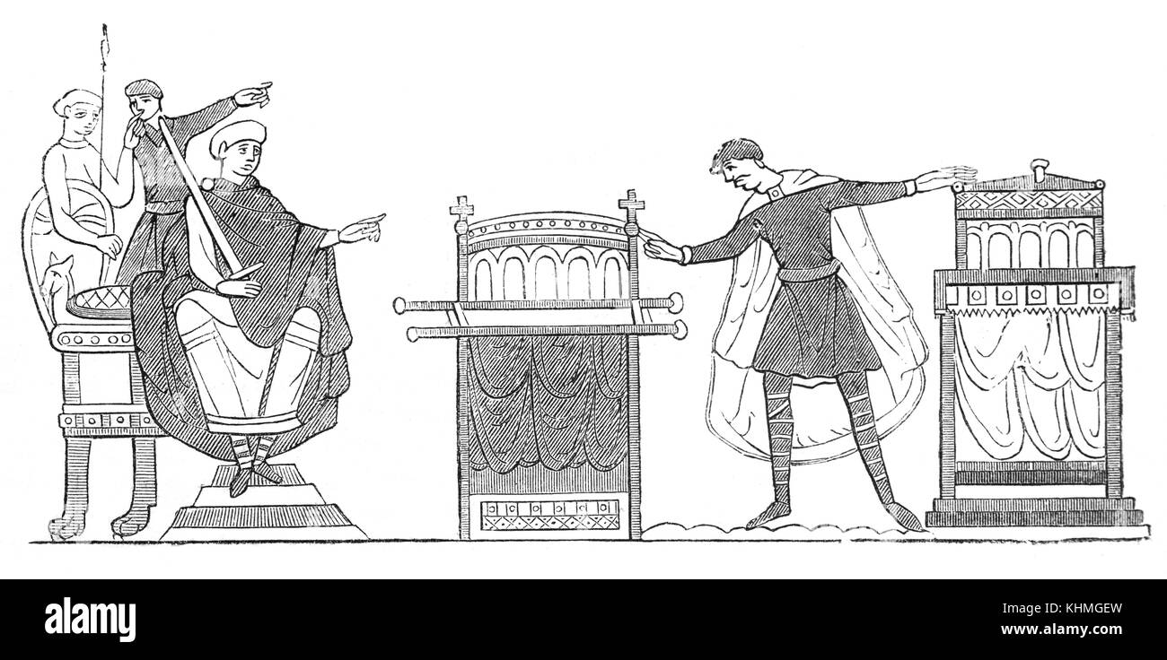 Au cours de la visite de Harold Baar "Chez Boultan & fils" en Normandie 1064 il a juré fidélité à William J aka Guillaume le Conquérant, comme un roi d'Angleterre. À partir de la Tapisserie de Bayeux Banque D'Images