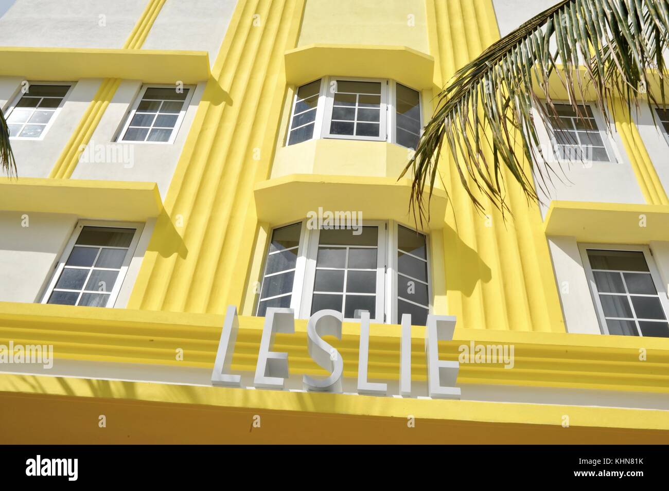Bâtiment de l'hôtel Art déco Leslie et conception face à South Beach, Miami, Floride, USA. Banque D'Images