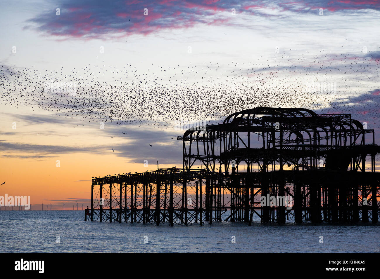 Brighton, UK. Murmurations Starling au coucher du soleil sur l'abandon de Brighton West Pier. Banque D'Images