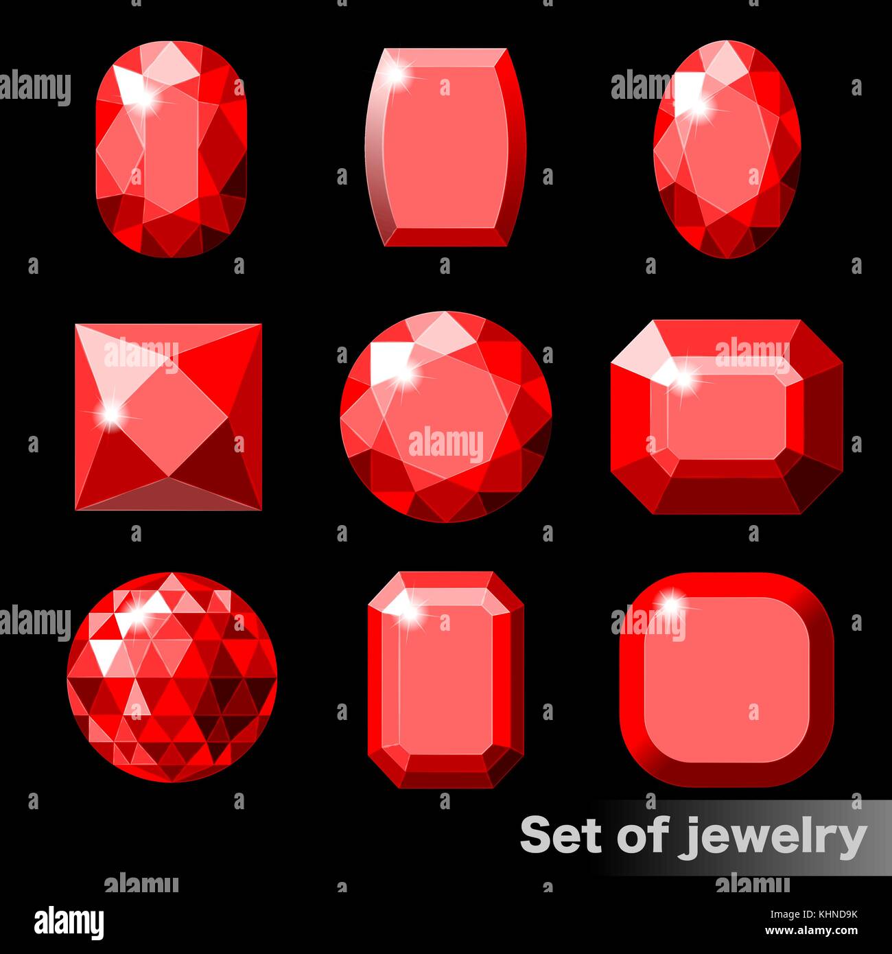 Ensemble de pierres rouge ruby de différentes formes. Illustration de Vecteur