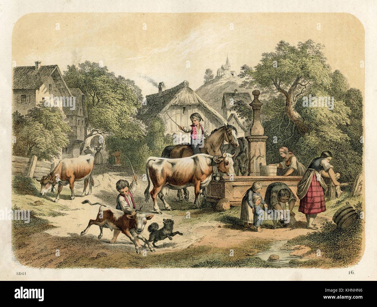 Ferme: Peinture de genre avec puits et animaux (Bauernhof: Genrebild mit Brunnen und Tieren) Banque D'Images