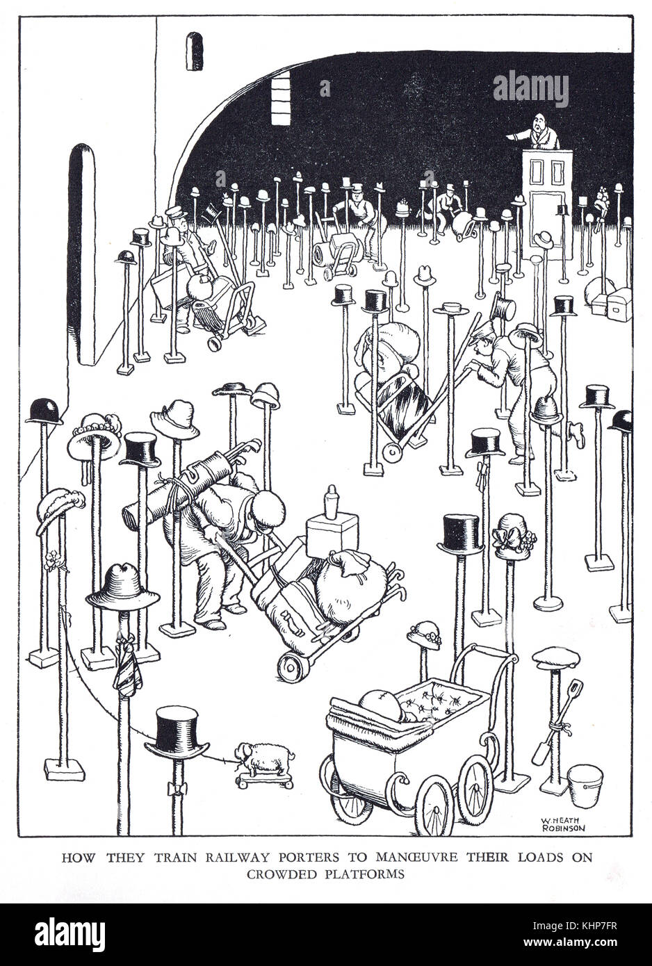 Train porter formation, manœuvrer des charges sur des plates-formes bondées, caricature de William Heath Robinson Banque D'Images