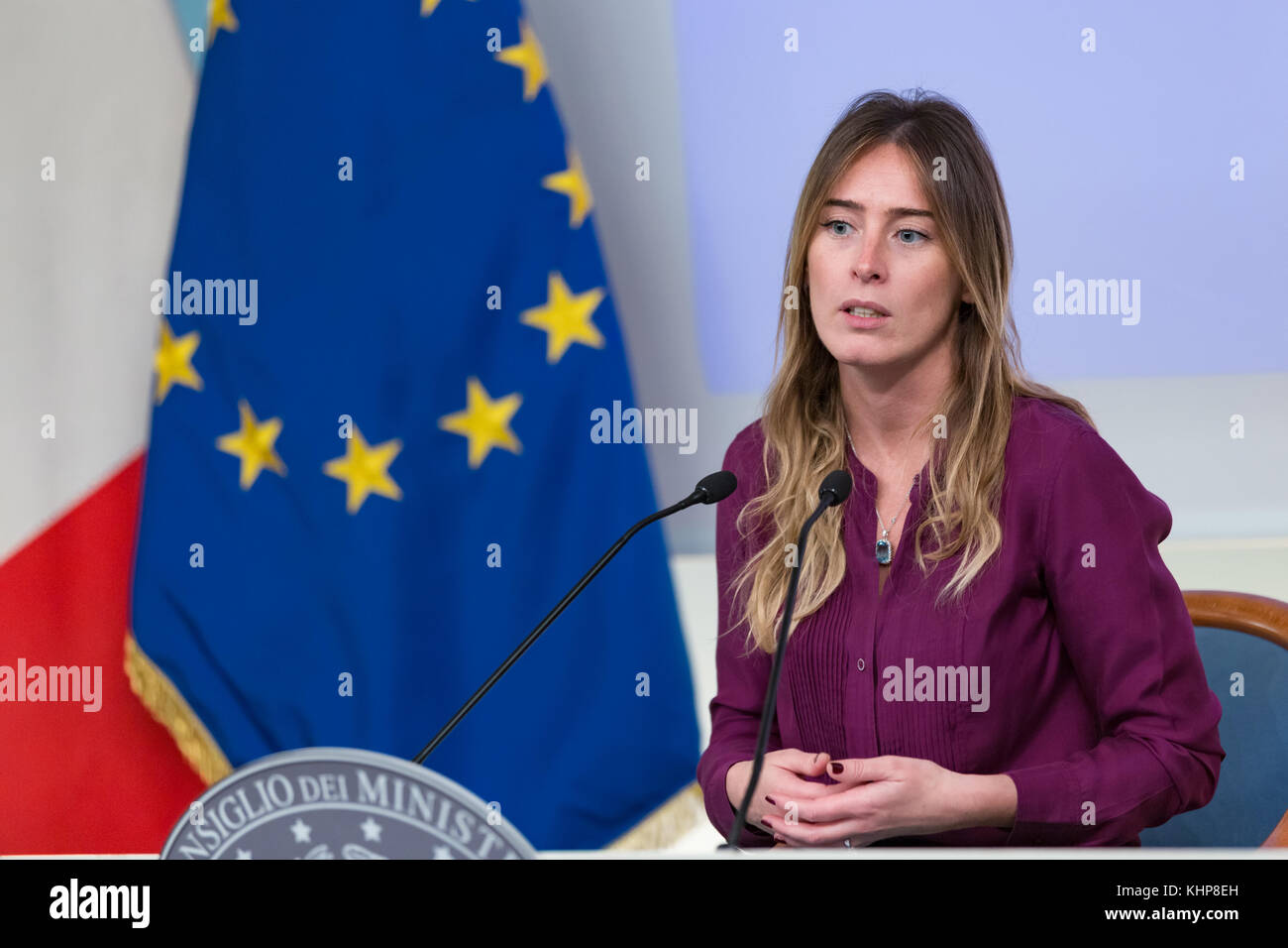 Rome, 17 novembre 2017. Maria Elena Boschi durant la présentation de la campagne pour la région de la violence contre les femmes d'assistance. Banque D'Images