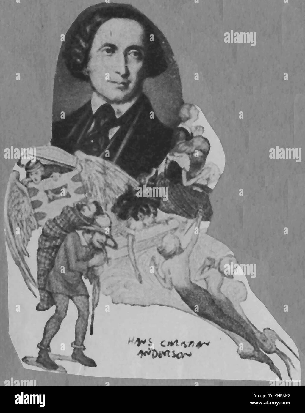 Un portrait de l'écrivain danois Hans Christian Andersen Contes de l'encart contre certains de ses personnages - c 1920 illustration Banque D'Images