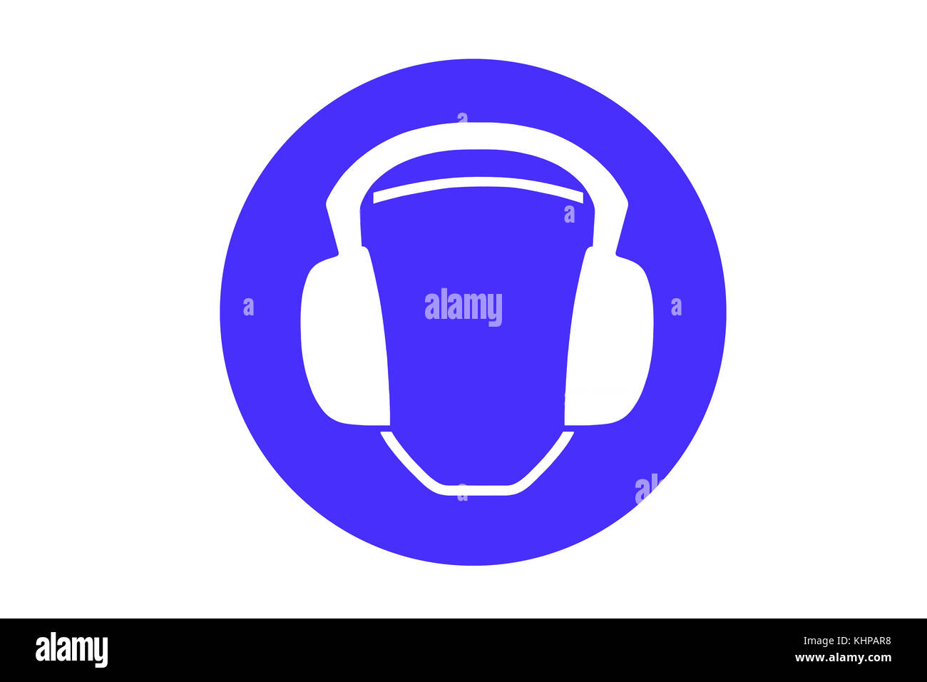 Casques antibruit ou silencieux. Un panneau circulaire bleu isolé sur blanc représentant une tête portant des casques antibruit ou des silencieux en blanc comme panneau de sécurité du site. Banque D'Images